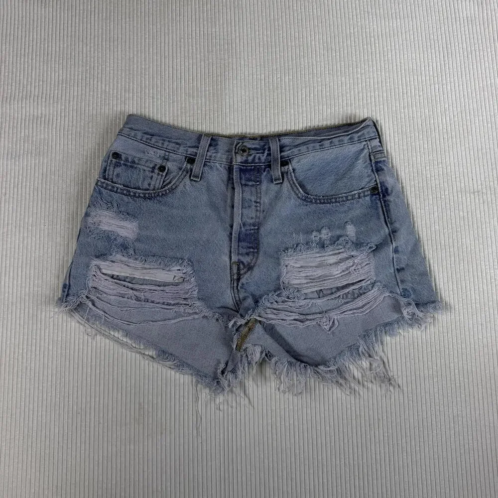 Levi's 501 Shorts Womens W27 Blue Denim Distressed Cutoff Button Fly Raw Hem